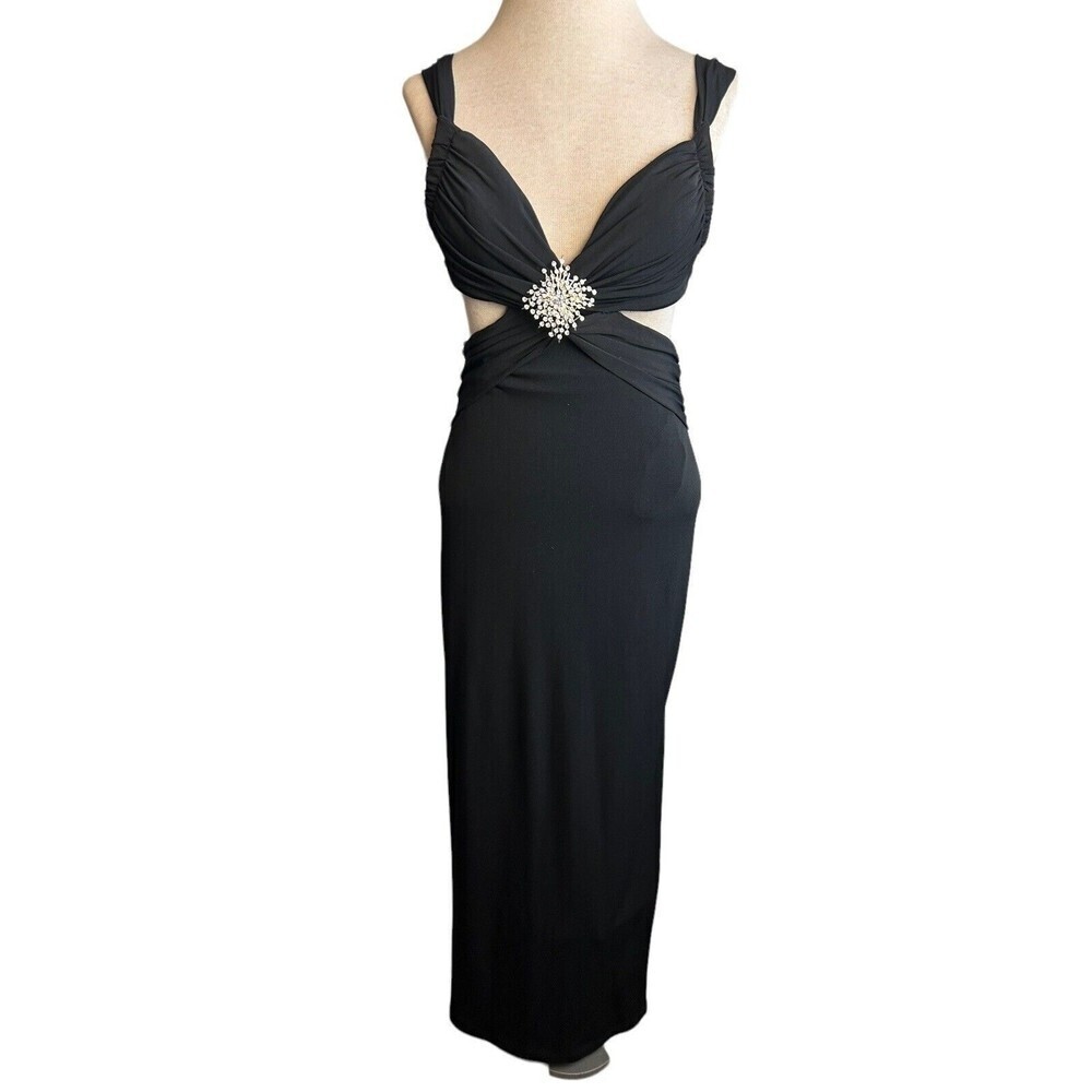 MARy L Couture Dress Womens 6 Black Maxi Gown Cutout Waist Slit Leg Rhinestone